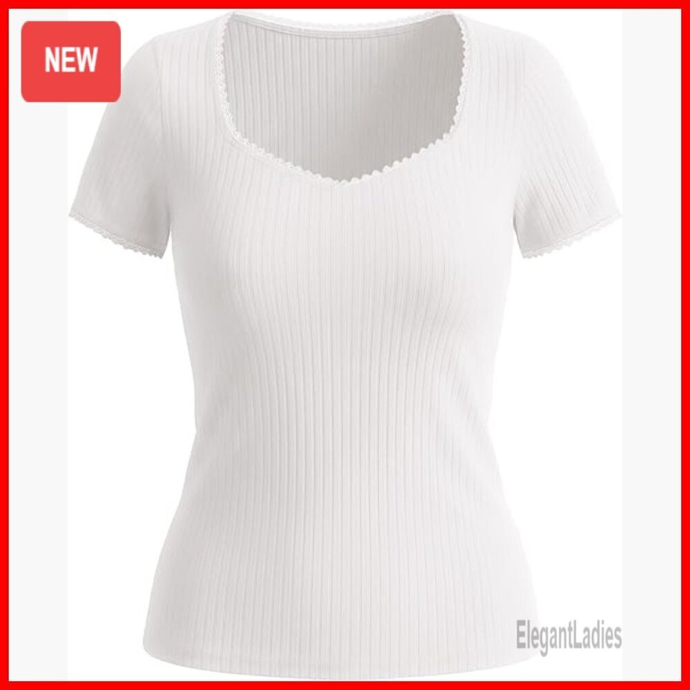 Short Sleeve Square Neck Ribbed Knit Slim Fit Tee Spring Summer Casual